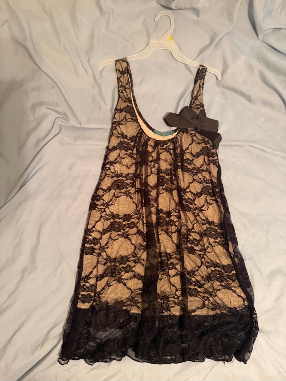 julie's closet Black Lace Overlay on Nude Slip with Bow